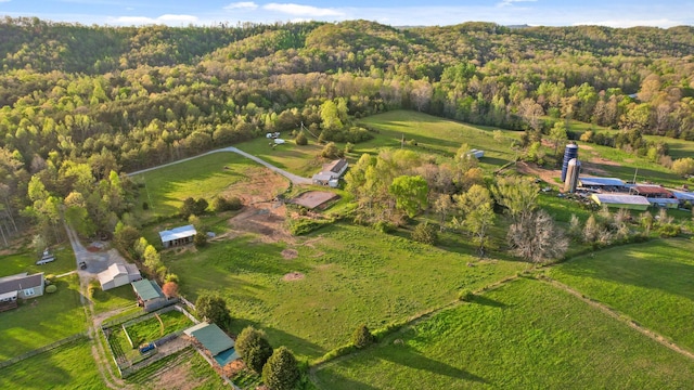 bird's eye view with a wooded view
