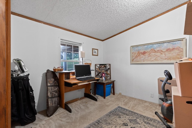 office space with carpet, a textured ceiling, crown molding, and lofted ceiling