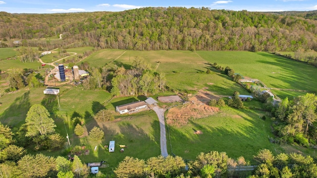 bird's eye view with a forest view and a rural view