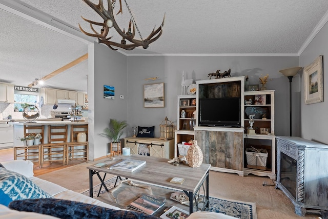 living room featuring ornamental molding and a textured ceiling