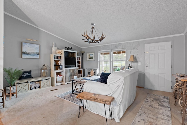 living room with light carpet, a notable chandelier, a textured ceiling, and crown molding