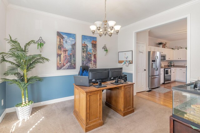 home office featuring light wood-type flooring, an inviting chandelier, baseboards, crown molding, and light colored carpet