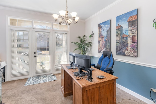 office with light carpet, a healthy amount of sunlight, an inviting chandelier, and crown molding