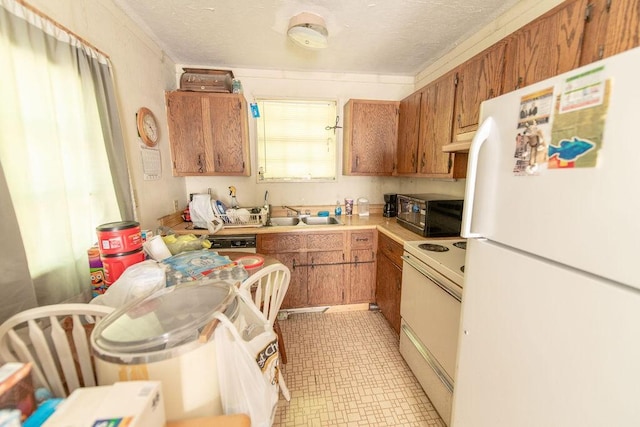 176 Water Ln NW, Charleston, TN 37310 - kitchen featuring a sink, light countertops, white appliances, under cabinet range hood, and brown cabinets