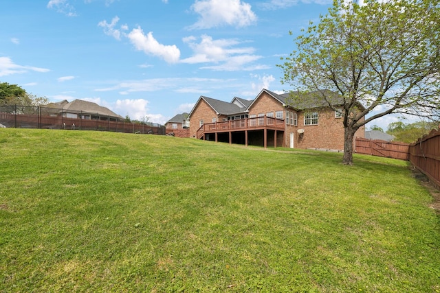view of yard with a wooden deck and a fenced backyard