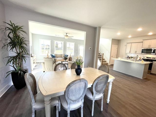 558 Twyla Dr, Lebanon, TN 37087 - dining space featuring stairs, dark wood-type flooring, recessed lighting, and a ceiling fan