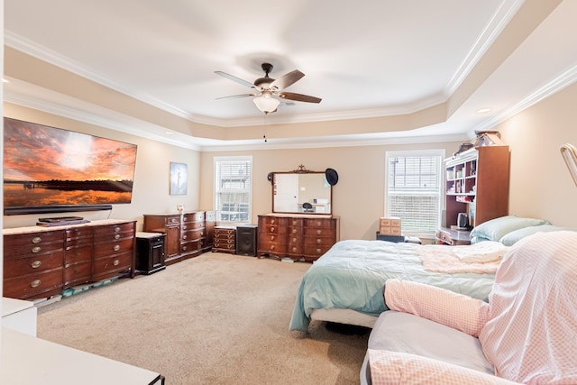 133 Kildeer Dr, Clarksville, TN 37040 - bedroom featuring a tray ceiling, crown molding, ceiling fan, and light carpet