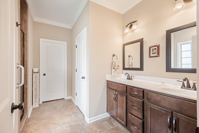 133 Kildeer Dr, Clarksville, TN 37040 - full bath featuring baseboards, double vanity, ornamental molding, walk in shower, and a sink