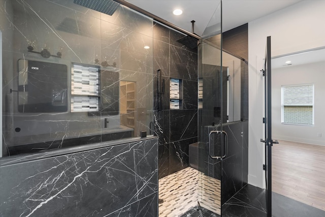 416 Mercomatic Dr, Nashville, TN 37209 - bathroom with a marble finish shower and recessed lighting