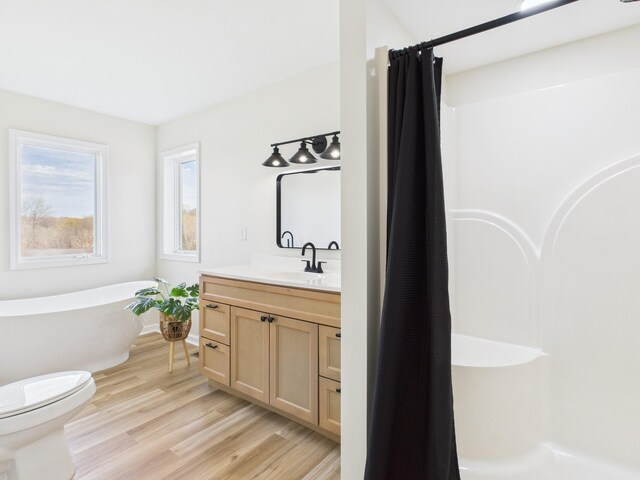 250 Sun Hill Cir, Cadiz, KY 42211 - bathroom featuring a shower with shower curtain, toilet, a soaking tub, vanity, and wood finished floors