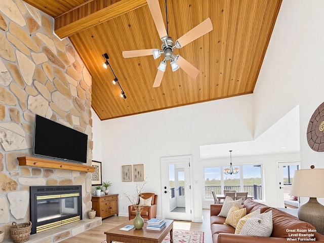 250 Sun Hill Cir, Cadiz, KY 42211 - living area with ceiling fan with notable chandelier, high vaulted ceiling, a fireplace, light wood-style flooring, and wood ceiling