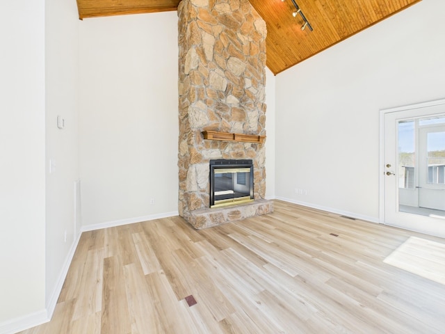 250 Sun Hill Cir, Cadiz, KY 42211 - unfurnished living room featuring a fireplace, wood ceiling, baseboards, and wood finished floors