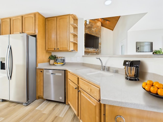 250 Sun Hill Cir, Cadiz, KY 42211 - kitchen with appliances with stainless steel finishes, light countertops, open shelves, lofted ceiling, and a sink