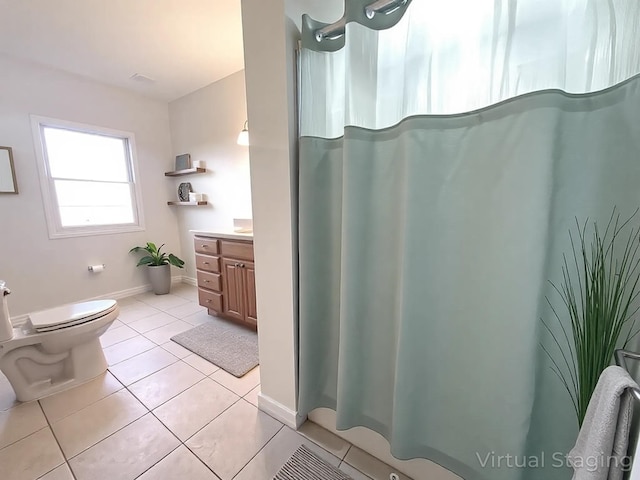 250 Sun Hill Cir, Cadiz, KY 42211 - bathroom with baseboards, a shower with shower curtain, toilet, vanity, and tile patterned flooring