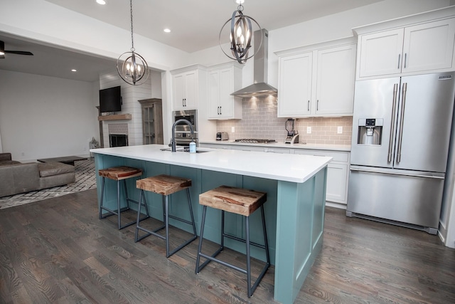 3509B Wrenwood Ave, Nashville, TN 37205 - kitchen with open floor plan, dark wood-type flooring, wall chimney exhaust hood, stainless steel appliances, and a sink
