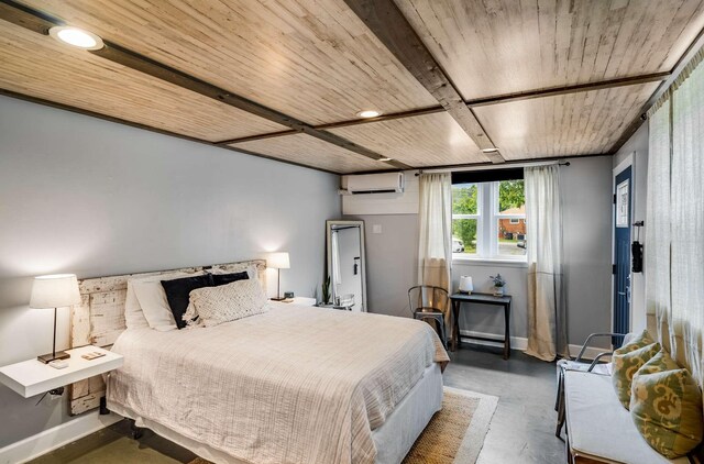 1001 N Graycroft Ave, Madison, TN 37115 - bedroom featuring baseboards, a wall mounted air conditioner, recessed lighting, finished concrete flooring, and wood ceiling