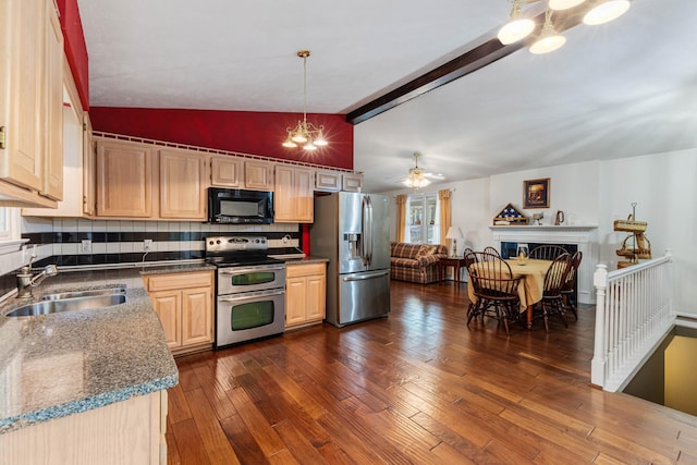 7274 Kingston Rd, Fairview, TN 37062 - kitchen featuring stainless steel appliances, a sink, dark wood-style flooring, vaulted ceiling with beams, and light brown cabinets
