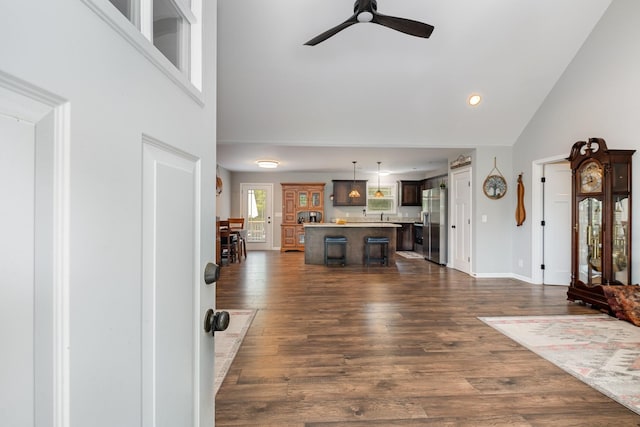 24 Roberts Ridge Rd, Manchester, TN 37355 - entrance foyer featuring ceiling fan, high vaulted ceiling, dark wood-style floors, recessed lighting, and baseboards