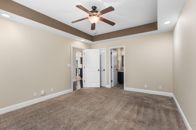 unfurnished bedroom with recessed lighting, carpet, and baseboards