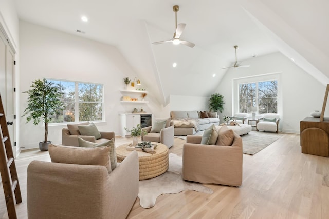 4201A Belmont Blvd, Nashville, TN 37215 - living room featuring visible vents, ceiling fan, recessed lighting, light wood-style flooring, and lofted ceiling