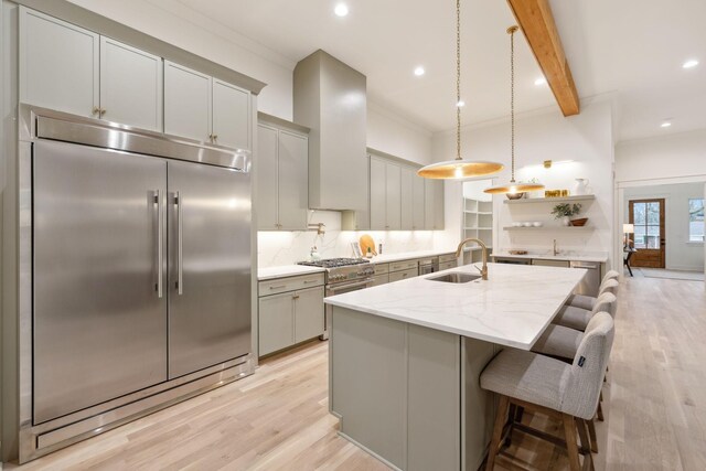 4201A Belmont Blvd, Nashville, TN 37215 - kitchen with light wood-style floors, wall chimney exhaust hood, high end appliances, open shelves, and a sink