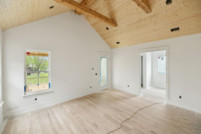 unfurnished room with high vaulted ceiling, wood ceiling, wood finished floors, baseboards, and beam ceiling