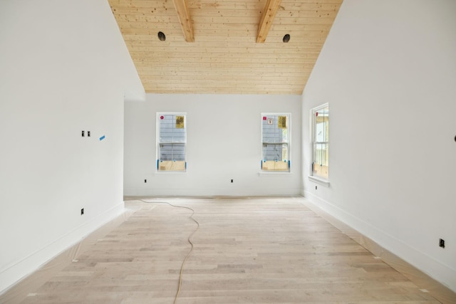 spare room with wooden ceiling, high vaulted ceiling, baseboards, and beamed ceiling