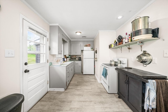 kitchen featuring light countertops, open shelves, white appliances, crown molding, and baseboards