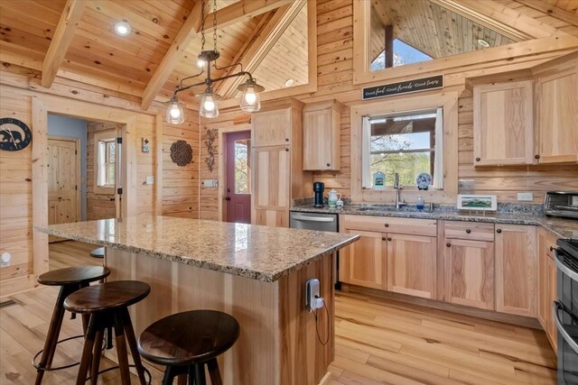 229 Blackhawk Ct, Waverly, TN 37185 - kitchen with light wood-style floors, wood walls, light brown cabinets, and wooden ceiling