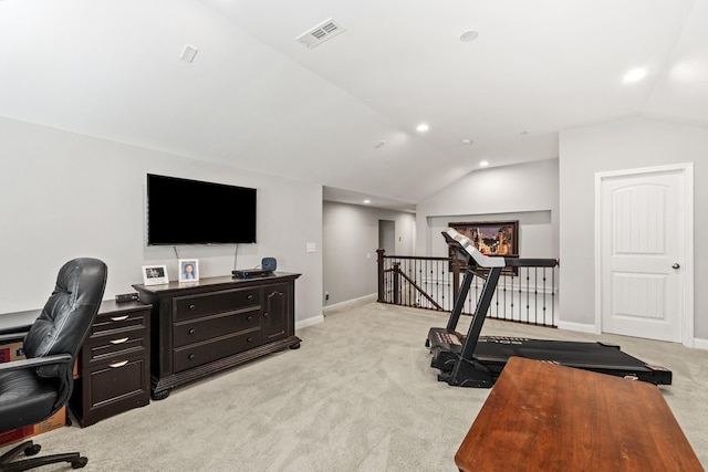 workout room featuring visible vents, baseboards, recessed lighting, vaulted ceiling, and light colored carpet