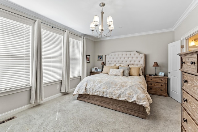 bedroom with ornamental molding, visible vents, carpet flooring, multiple windows, and a notable chandelier