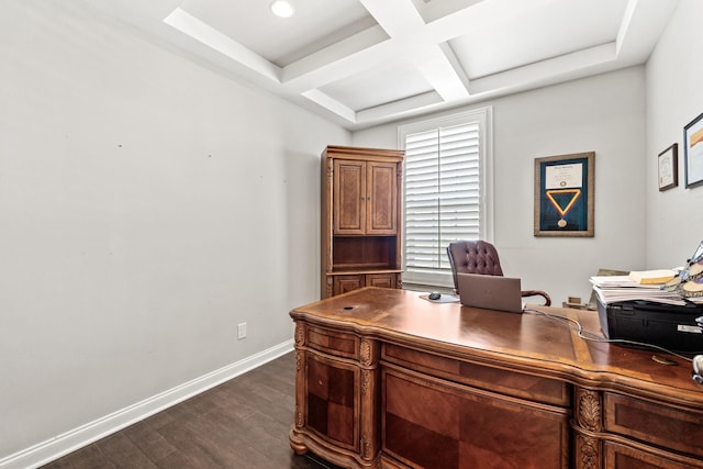 home office featuring dark wood-style floors, baseboards, beamed ceiling, and coffered ceiling