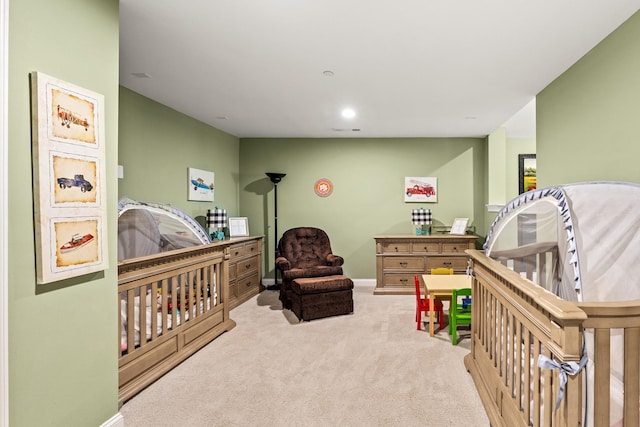 bedroom with recessed lighting, visible vents, baseboards, and carpet floors
