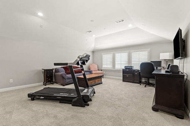 office with recessed lighting, visible vents, light colored carpet, and vaulted ceiling