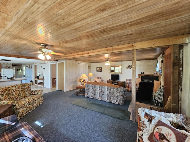 50 Deaton Ln, Parsons, TN 38363 - living room with ceiling fan, carpet flooring, and wood ceiling