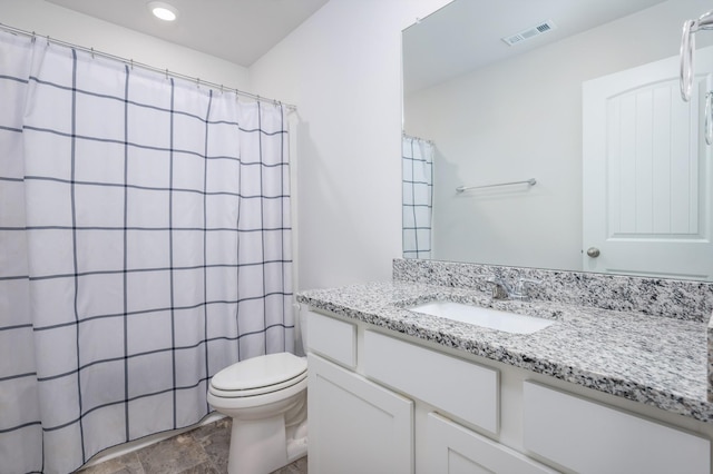 full bath featuring recessed lighting, vanity, visible vents, and toilet