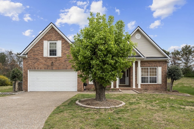 view of front facade featuring an attached garage, concrete driveway, a front yard, and brick siding