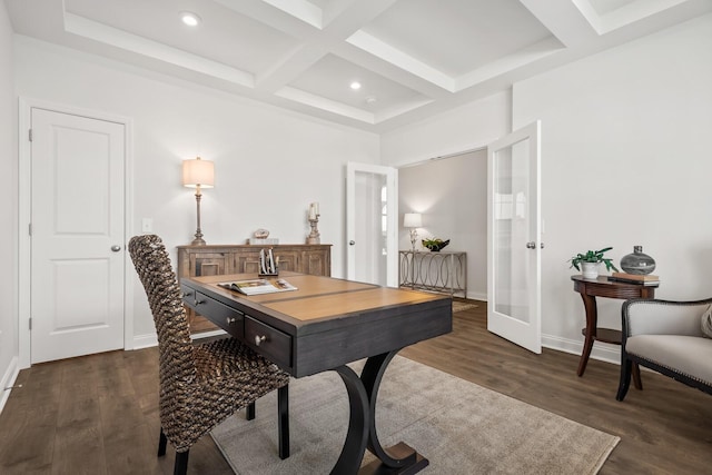 office space with french doors, dark wood-style floors, baseboards, coffered ceiling, and beamed ceiling