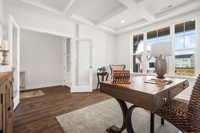 home office featuring beamed ceiling, baseboards, dark wood finished floors, coffered ceiling, and visible vents