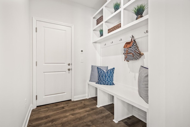 mudroom with baseboards and dark wood finished floors