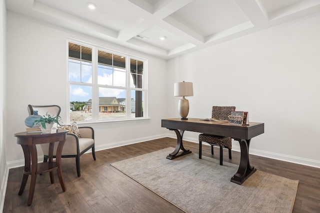 office with dark wood-style flooring, baseboards, visible vents, coffered ceiling, and beamed ceiling