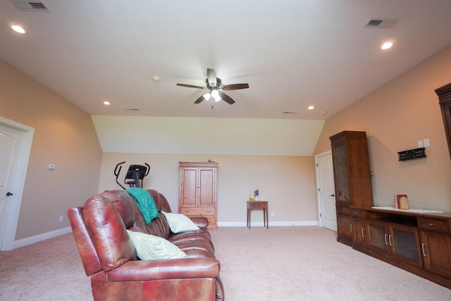 living area with lofted ceiling, visible vents, recessed lighting, light carpet, and a ceiling fan
