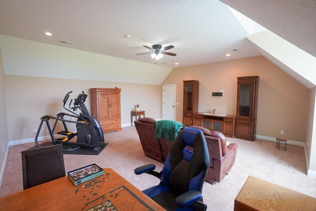 office featuring recessed lighting, vaulted ceiling, light carpet, ceiling fan, and baseboards