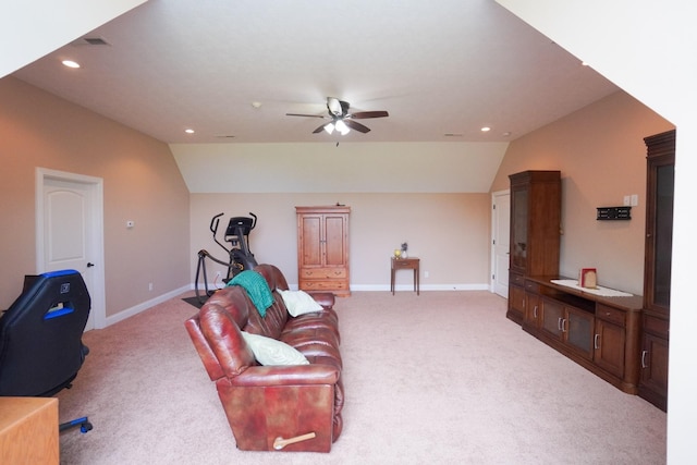 living room with baseboards, recessed lighting, vaulted ceiling, light carpet, and a ceiling fan