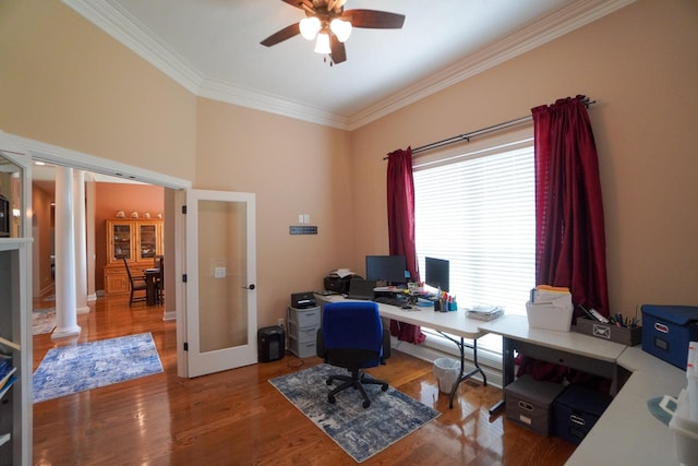office space featuring wood finished floors, ceiling fan, french doors, and crown molding