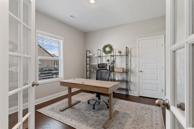 565 Kipton Trl, Lebanon, TN 37087 - office area with french doors, baseboards, visible vents, and dark wood-style floors