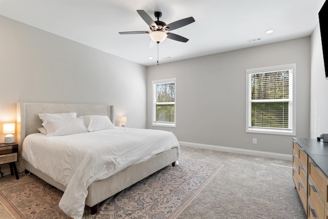 565 Kipton Trl, Lebanon, TN 37087 - bedroom featuring visible vents, baseboards, ceiling fan, recessed lighting, and light colored carpet