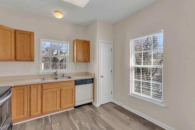 kitchen featuring light countertops, light wood-style floors, stainless steel electric stove, dishwasher, and a sink