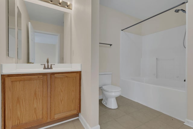 bathroom with vanity, baseboards, tile patterned floors, shower / bath combination, and toilet