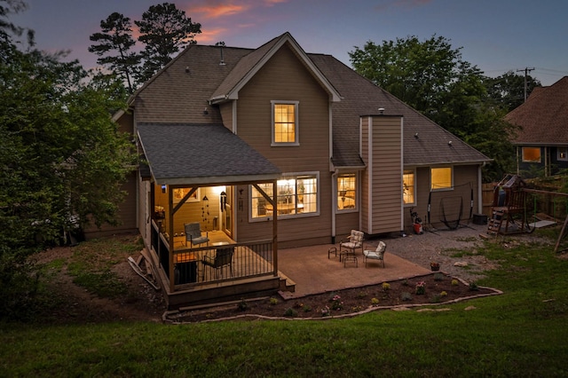 2321 Chimney Hills Dr, Soddy Daisy, TN 37379 - rear view of house with a yard, a patio area, a deck, and roof with shingles